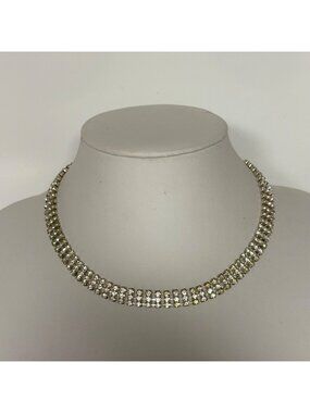 Elegant Three Row Rhinestone Silver Choker Necklace Prong Set Clear Stones